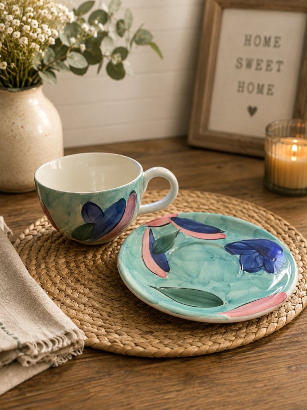 Ceramica San Marciano Hand Painted Italy Cup & Saucer Set Blue Pink Floral Made